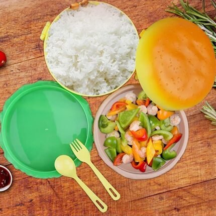 BURGER SHAPE LUNCH BOX PLASTIC LUNCH BOX FOOD CONTAINER SETS DOUBLE LAYER LUNCHBOX 1000ML WITH SPOON APPLICABLE TO Child AND ELEMENTARY SCHOOL STUDENTS