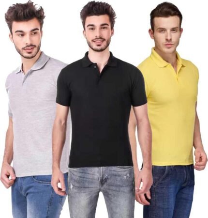 Men's Polo Neck Short Sleeve Casual Tshirt Combo of Black, Grey, Yellow colors (Pack of 3)