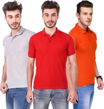 Men's Polo Neck Half Sleeve Casual Tshirt Combo of Red, Orange, Grey colors (Pack of 3)